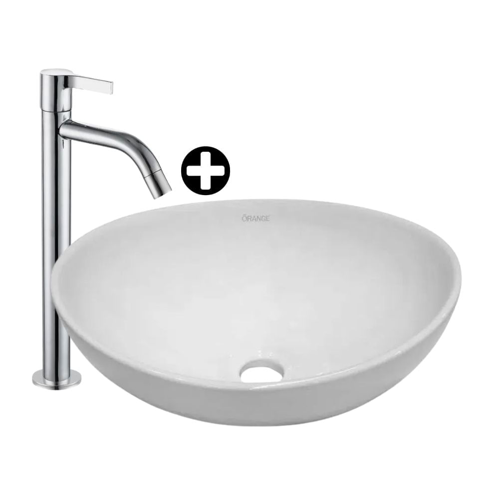 COMBO Ovalín de Loza Blanco Orange Asti 41cm Modelo Sobrepuesto + Llave de Lavatorio Alta Neo Cromado Orange