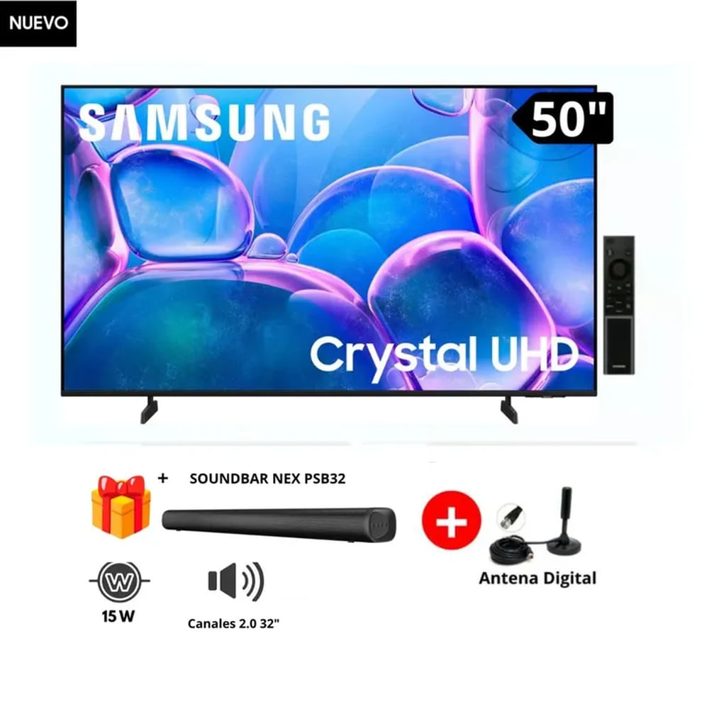 Televisor Samsung 50 Pulgadas Crystal UHD 4K Tizen OS UN50DU7000G+ Soundbar +Antena
