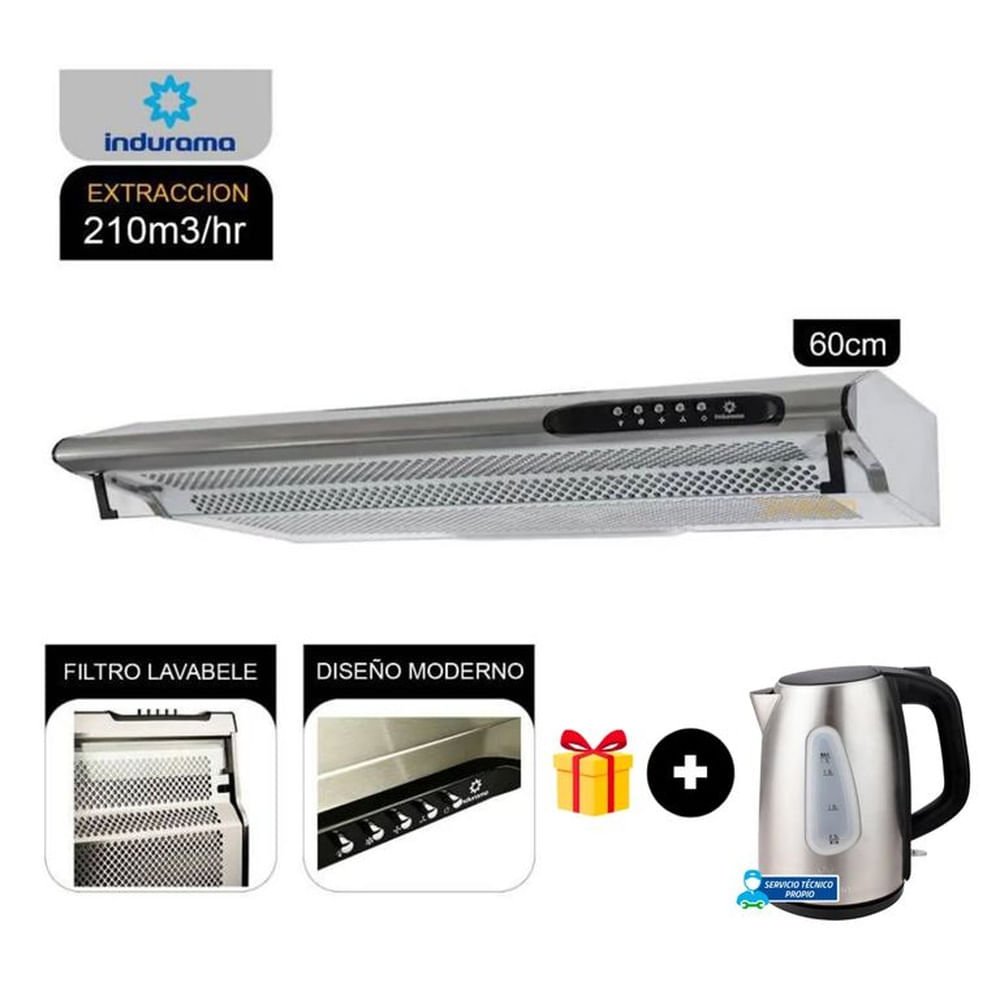 CAMPANA INDURAMA EXTRACTORA CEI-602CRP 3 VELOCIDADES SILVER + HERVIDOR INDURAMA