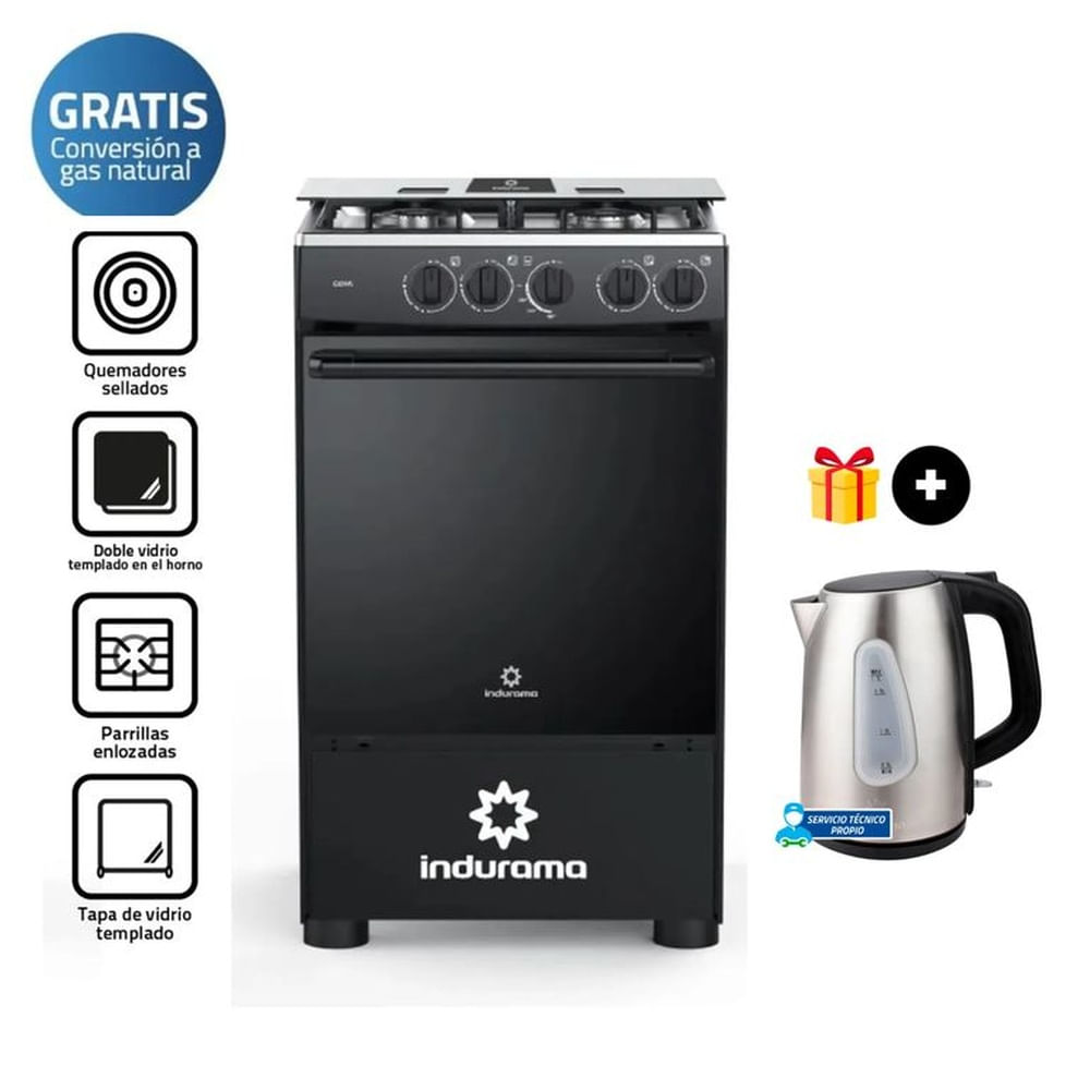 Cocina a Gas Indurama 4 Hornillas Goya - Negra + Hervidor Indurama