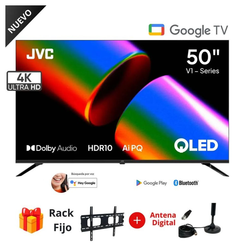 Televisor JVC 50"" QLED Google TV 4K 50KM758 2025 + Rack + Antena