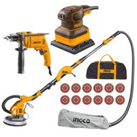 Lijadora de pared y techo 1050w + lijadora orbital y taladro percutor Ingco DWS10501-ID6808-PS2416
