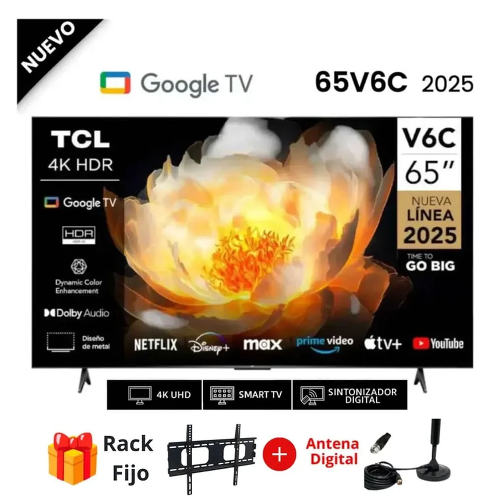 Televisor TCL 65 UHD 4K Smart TV 65V6C + Antena Digital + Rack Fijo