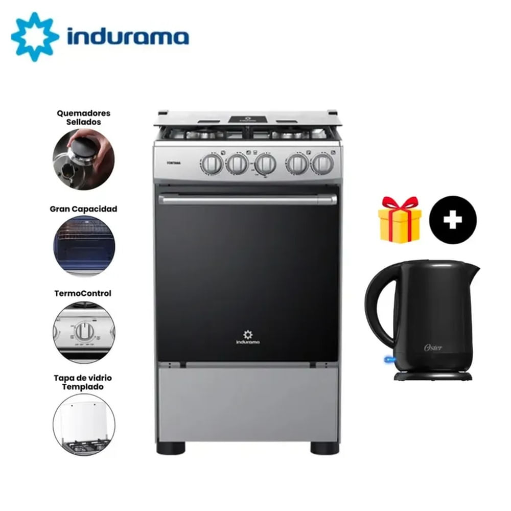 Cocina Indurama a Gas Fontana de 4 Hornillas - Gris + Hervidor Oster