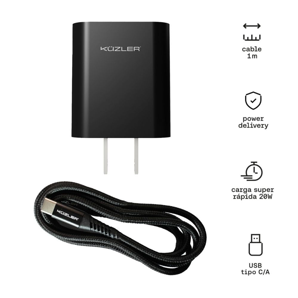 Cargador 20w con Cable 3a Negro Speedvolt-20 Kuzler