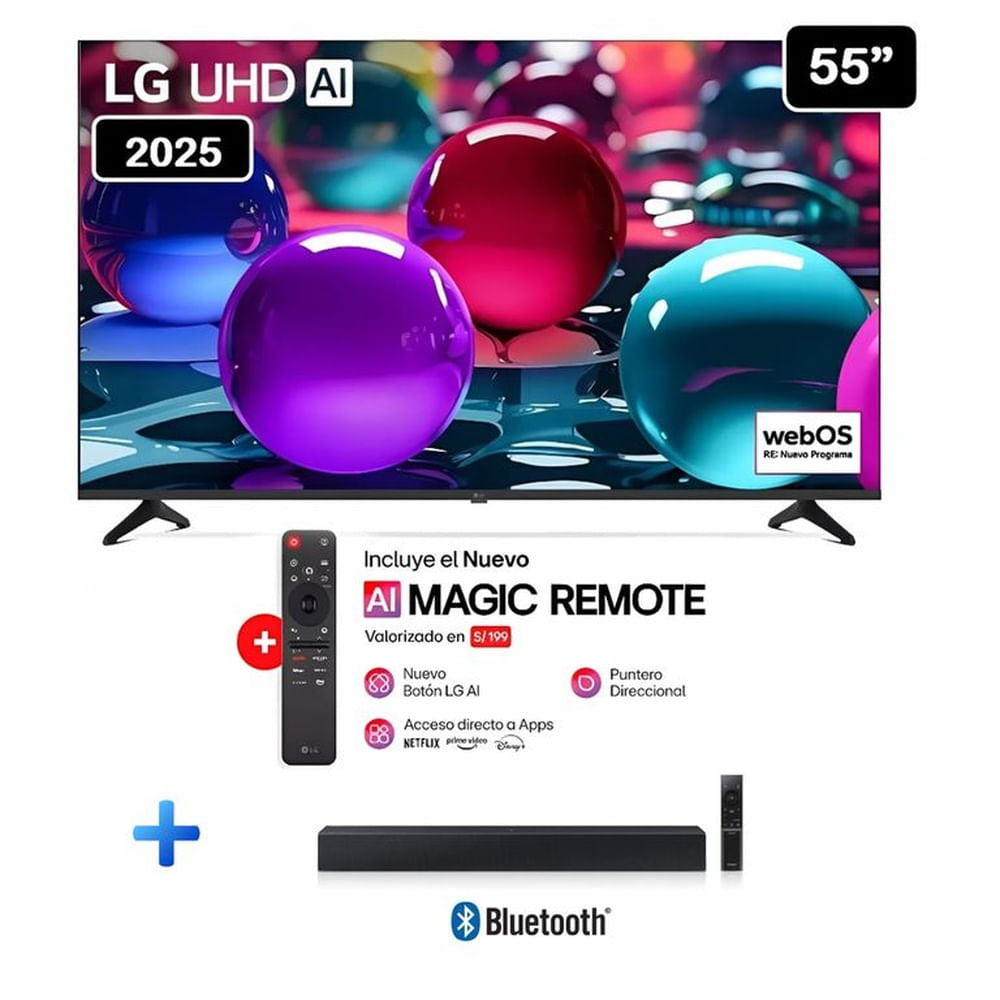 Televisor Lg 55 Pulg Ultra HD 4K AI ThinQ 55UA7300 Modelo 2025- Negro + Soundbar