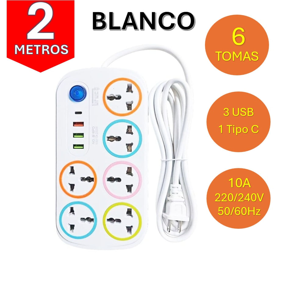 EXTENSION 2 METROS  6 TOMAS  3 USB  1 TIPO-C  BLANCO