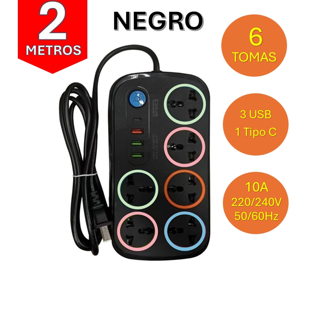 EXTENSION 2 METROS  6 TOMAS  3 USB  1 TIPO-C  NEGRO