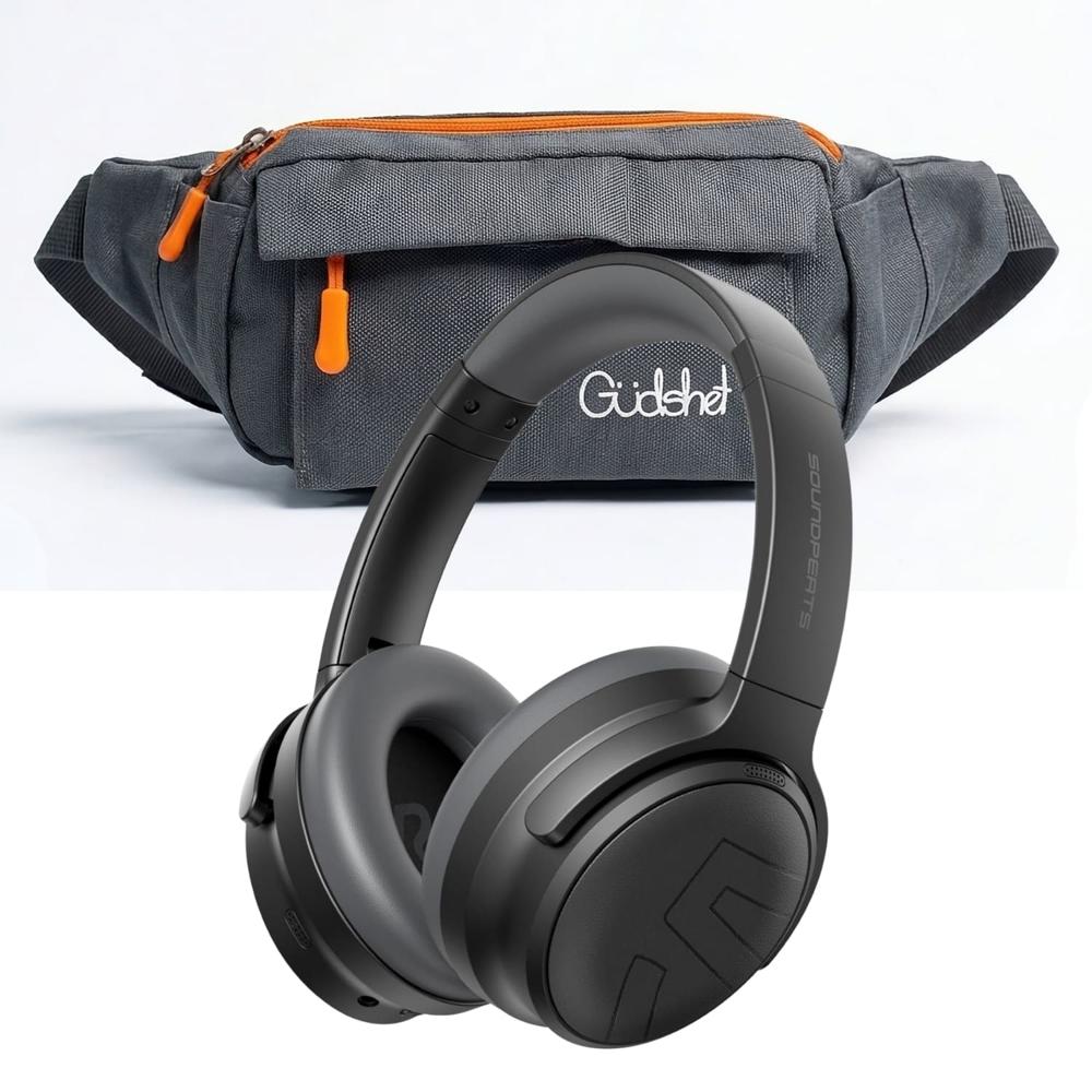 Canguro Gudshet color gris y Audífonos SOUNDPEATS Space Pro Over-Ear