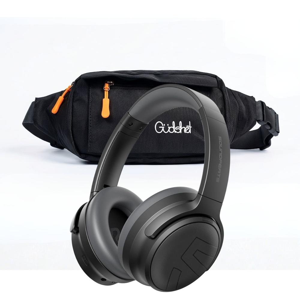 Canguro Gudshet color negro y Audífonos SOUNDPEATS Space Pro Over-Ear