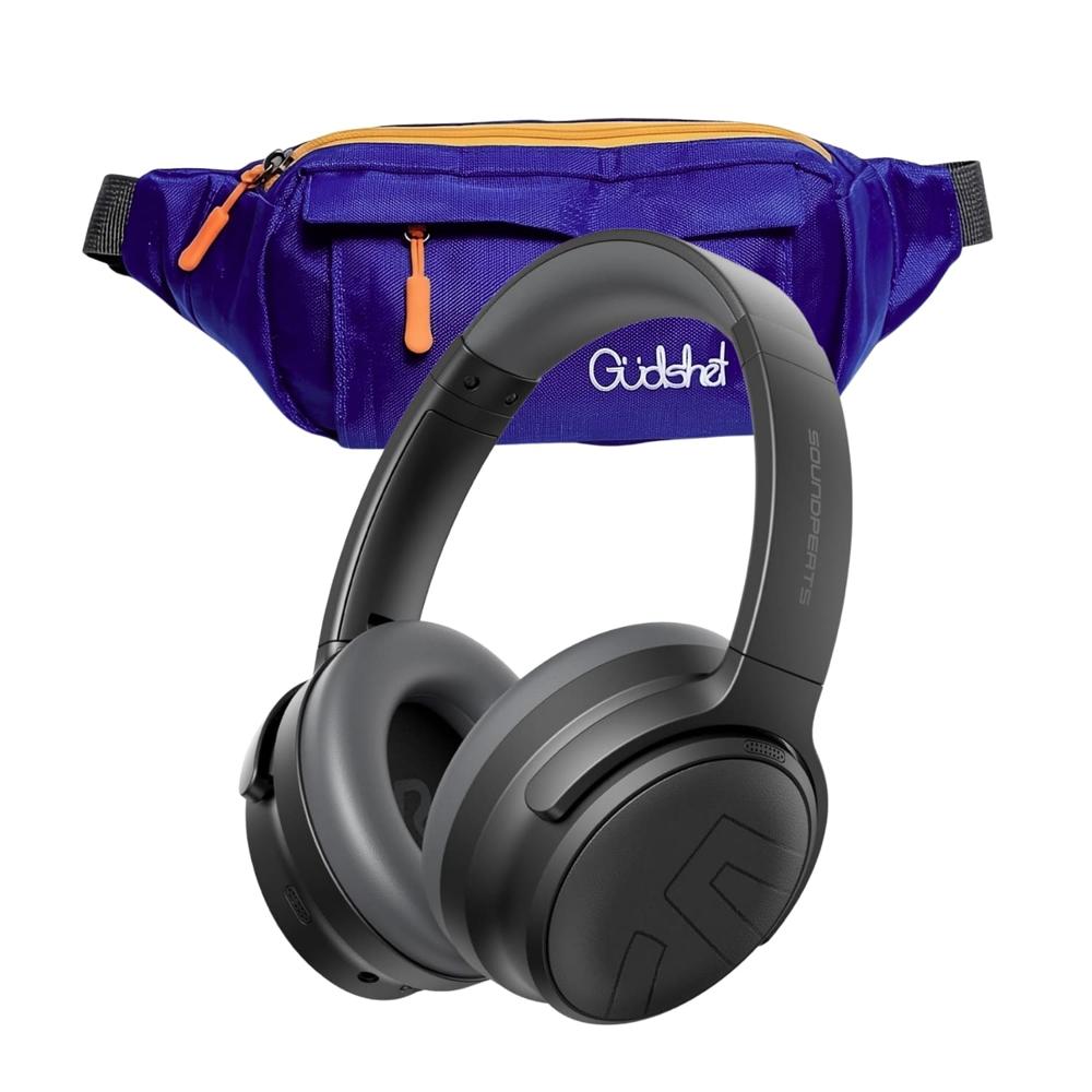 Canguro Gudshet color azul y Audífonos SOUNDPEATS Space Pro Over-Ear color negro