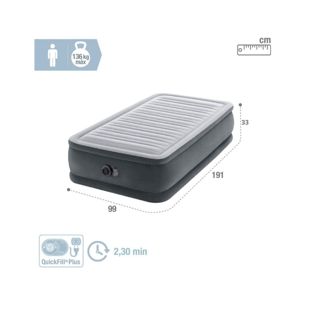 Colchón Inflable Dura Beam Deluxe INTEX 191x99x33 cm para Una Persona con Inflador Electrico