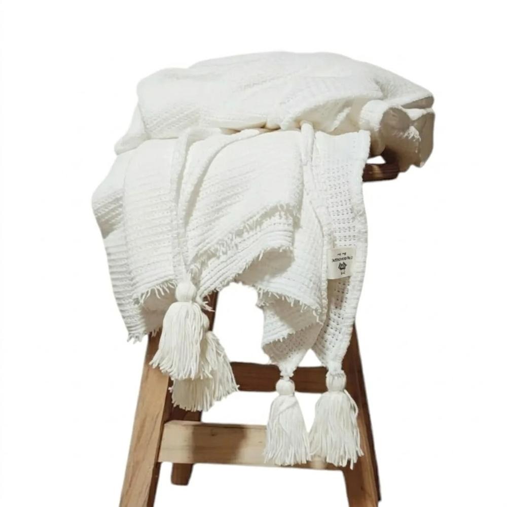 Manta - Pie de cama 200x120 en Tejido Waffle borlas color blanco