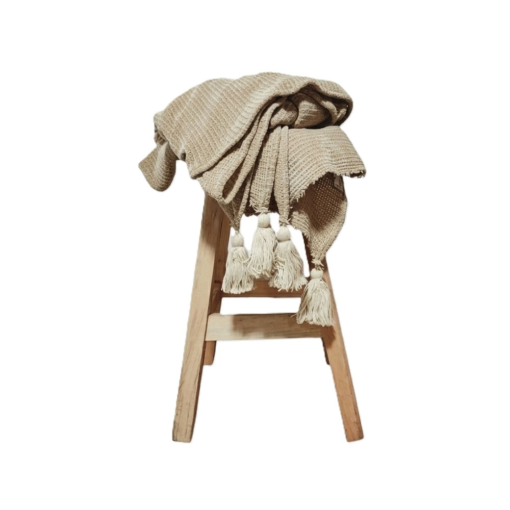 Manta - Pie de cama 200x120 en Tejido Waffle borlas - Maíz