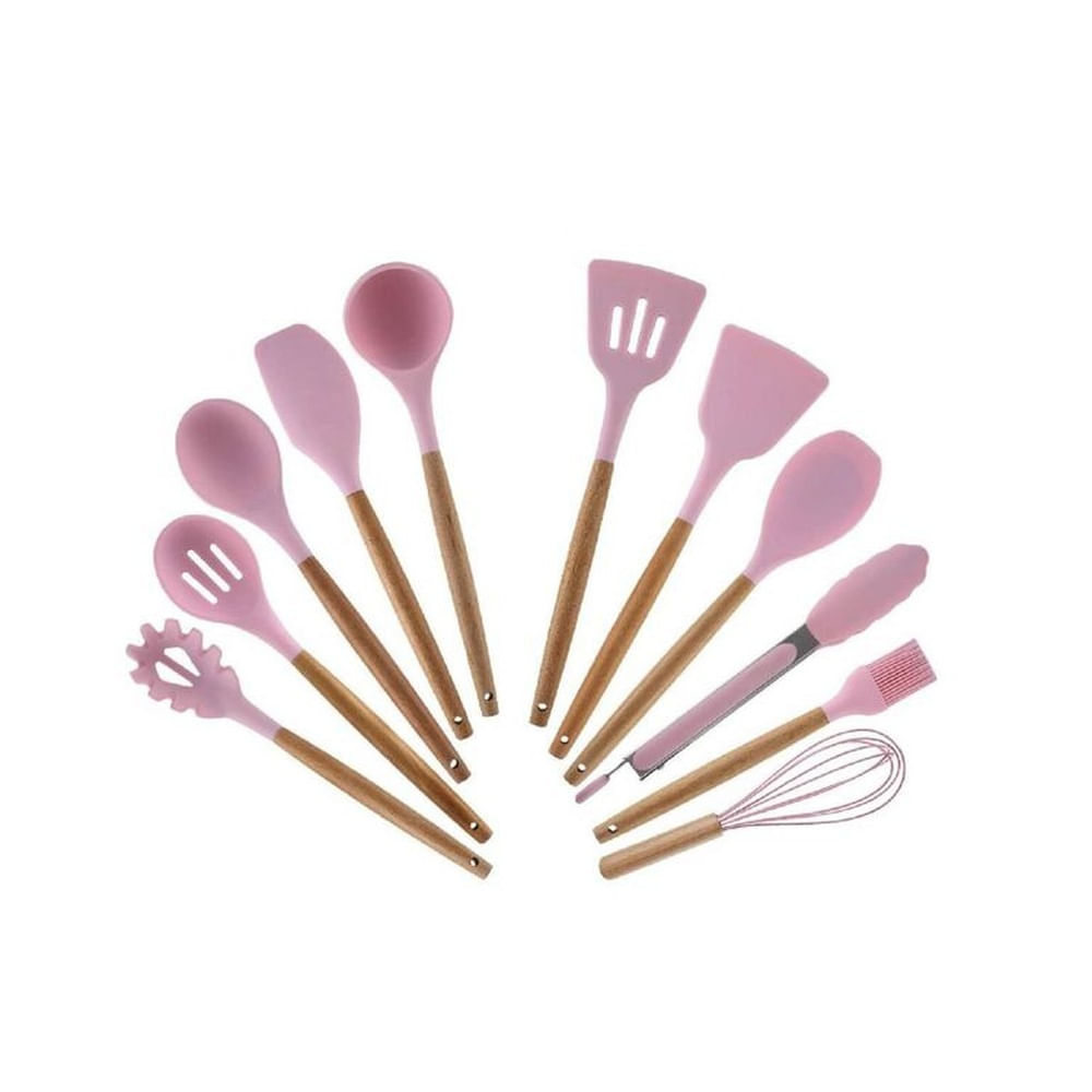 Set de Cucharones y Utensilios de Silicona para Cocina Rosado 12PCS
