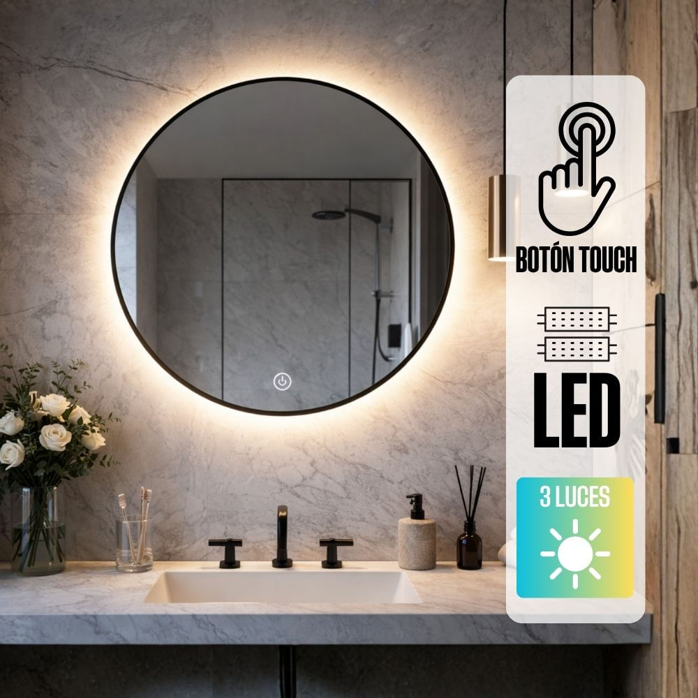 Espejo LED Tri Luz Redondo Orange Borde Negro 60x60cm