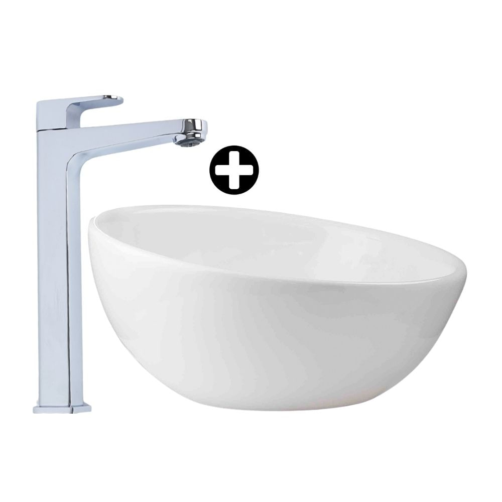 COMBO Ovalín de Loza Trebol Modelo Luna Blanco +  Llave de Lavatorio Trebol Oxford Cromada