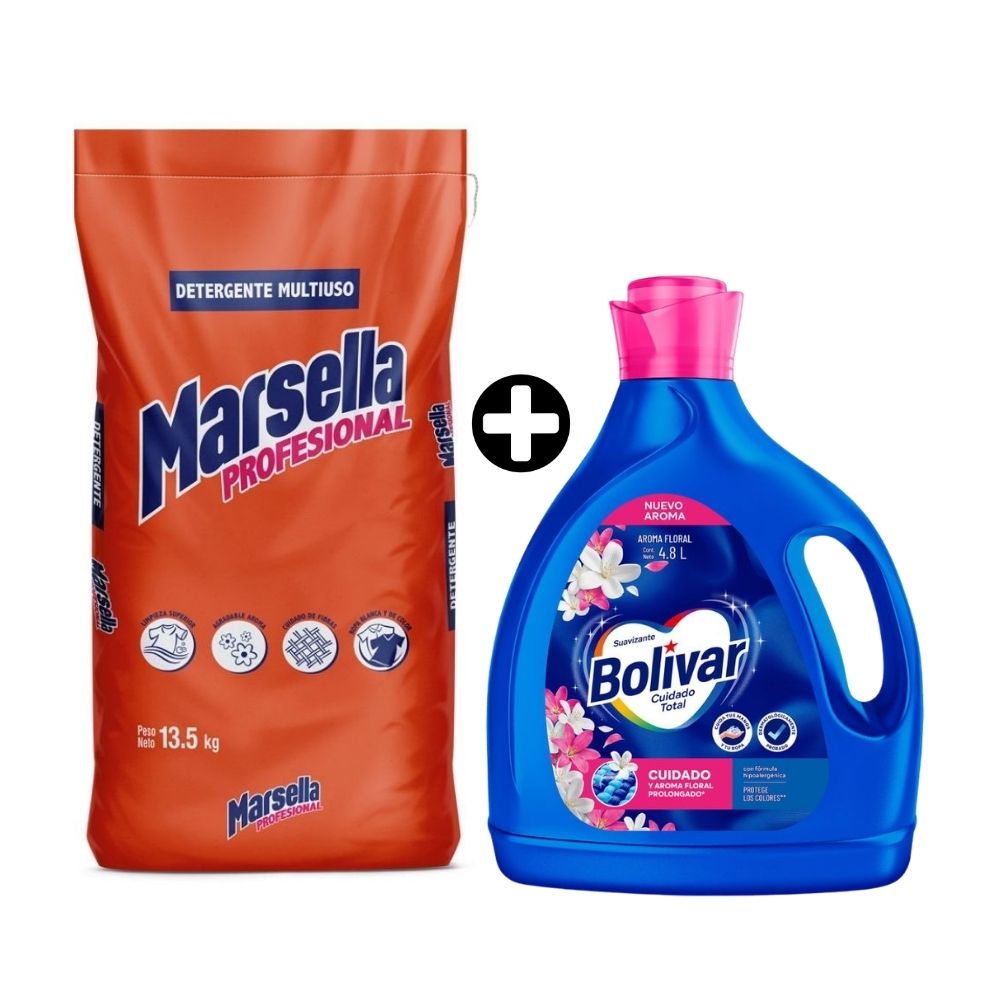 COMBO Detergente en Polvo Marsella Profesional 13.5kg + Suavizante Bolivar Floral 4.8 litros