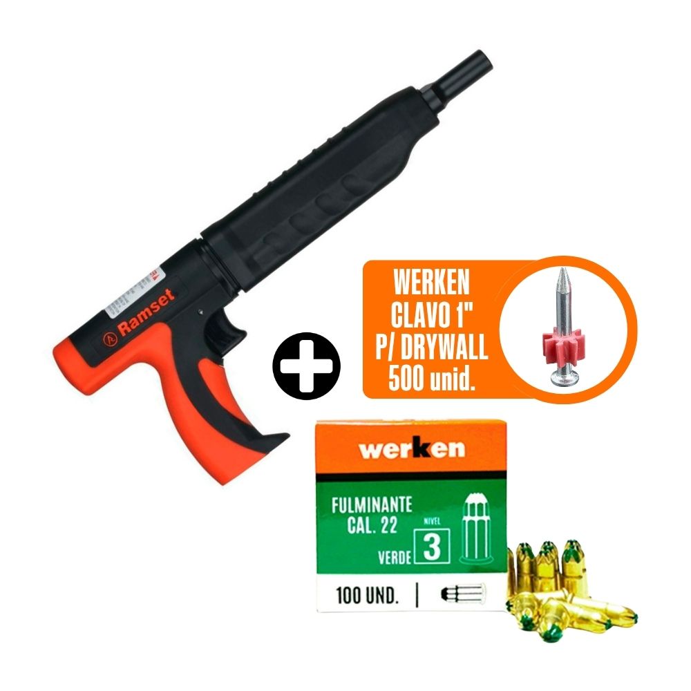 COMBO Pistola para drywall 40088/RS22 Ramset + Fulminante Cal. 22 x 100 uds Werken + Clavo 1" para drywall x 500 uds Werken