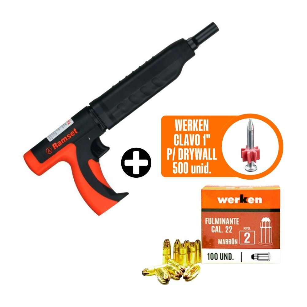 COMBO Pistola para drywall 40088/RS22 Ramset + Fulminante Marrón Cal. 22 x 100 uds Werken + Clavo 1" para drywall x 500 uds Werken