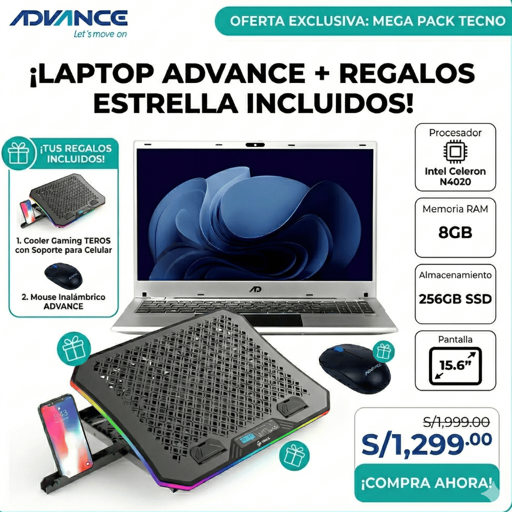 Intel Celeron N4020 8GB RAM 256GB SSD 15.6 Pulgadas - Cooler Teros - Mouse Inalámbrico