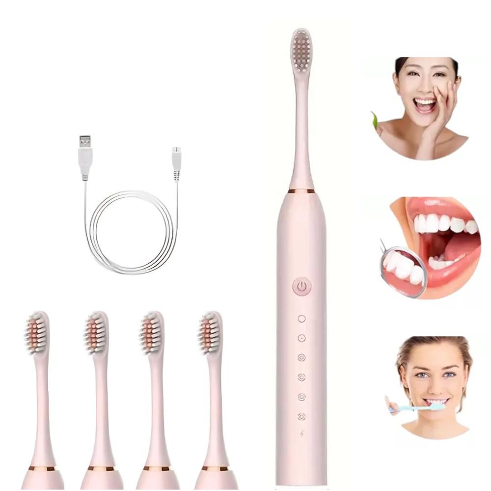 Cepillo Dental Eléctrico X3 Recargable con Temporizador + 4 Cabezales de Repuesto Rosado