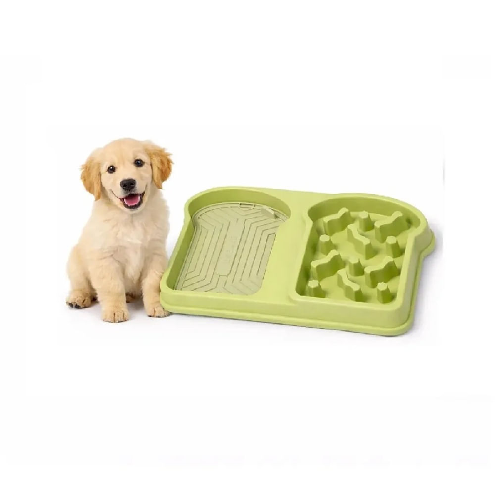 Plato doble antiasfixia antiestrés para mascotas perros y gatos verde