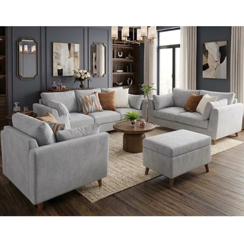 Juego de Sala Allpa Gris Claro 321 Banqueta Baúl Regalo