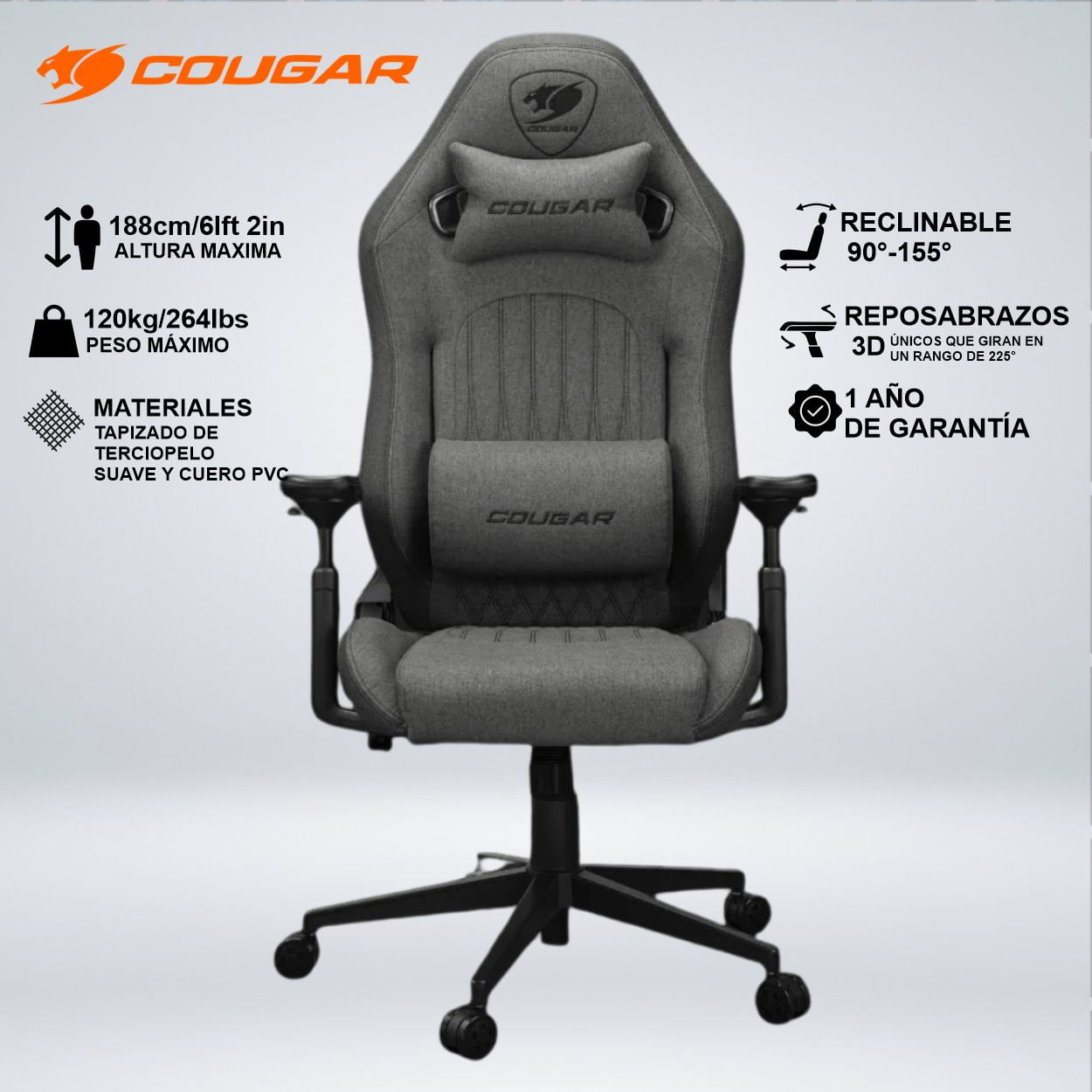 SILLA COUGAR EXPLORE GRAY F COMODIDAD ESTILO TERCIOPELO RECLINA 155