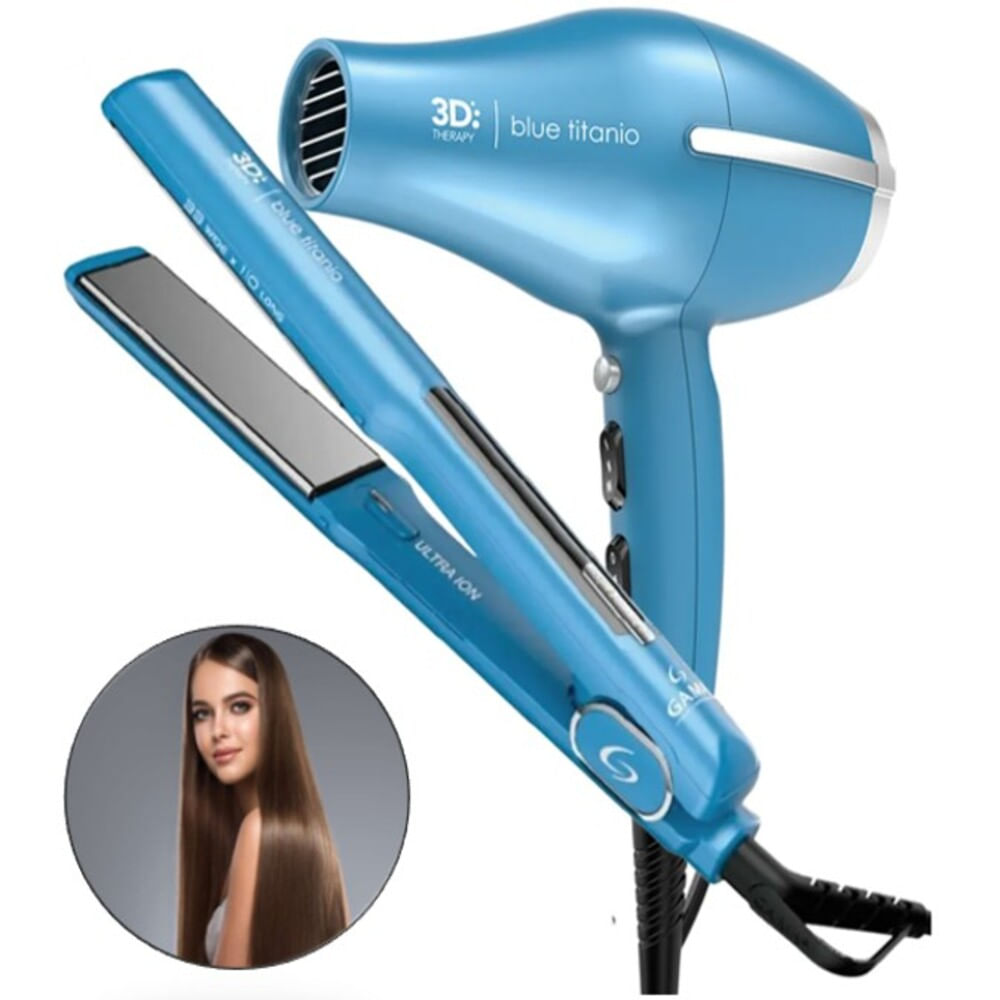 Combo Gama Blue Titanio 3D Plancha y Secadora 2300watts