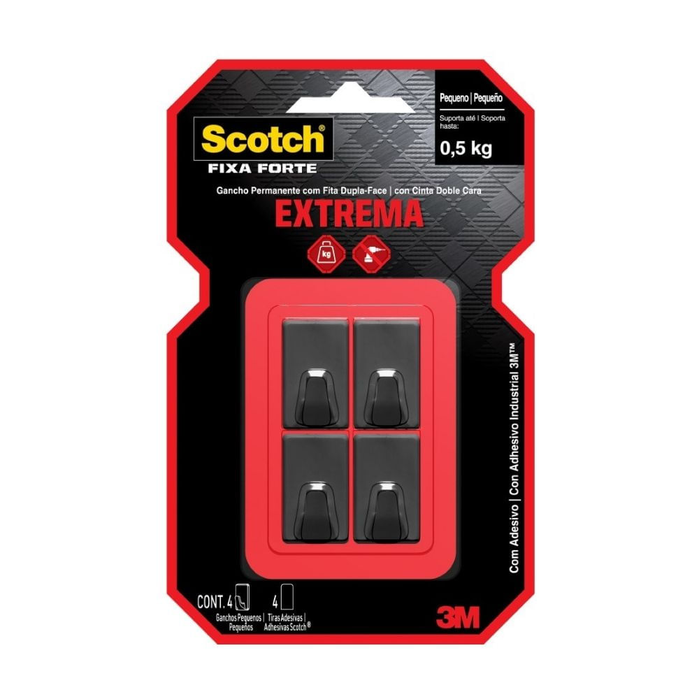 Gancho 3M Scotch Permanente Negro Pequeño 0.5kg x 4 Unidades