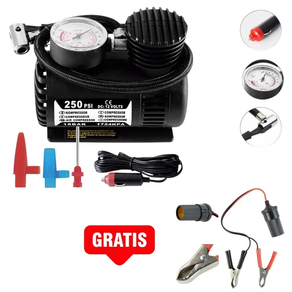 Compresor Inflador Llanta Autos Motos Bicicletas de 250PSI GRATIS Conector 12V