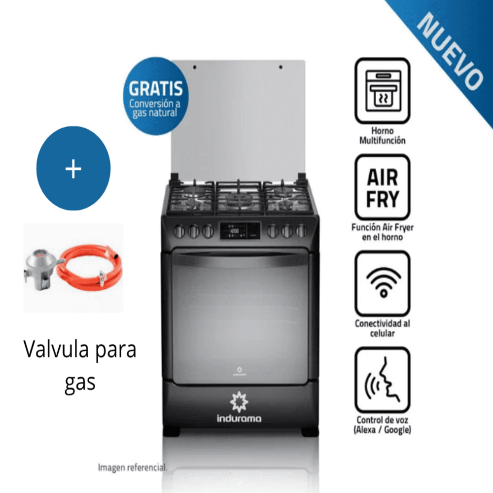 Cocina de Pie Indurama 5 Hornillas CPI-3595N Blacksteel Smart cn Valvula de gas