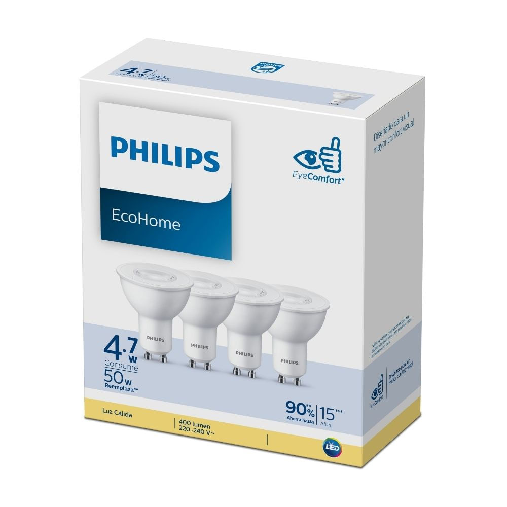 Pack x 4 Dicroico Philips Gu10 Ecohome Luz Cálida