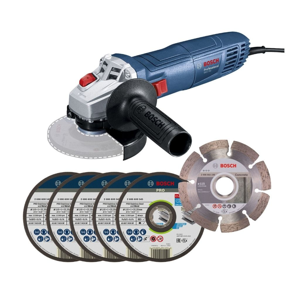 Amoladora Gws 700 + 5 Discos Corte Inoxidable + 1 Disco Diamante Bosch