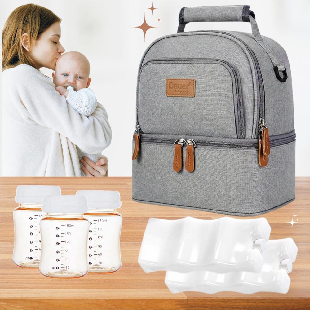 KIT 3en1 Cooler Bag De Leche Bolso Termico con 3 Frascos PPSU y 2 Porta Hielo Contorneado