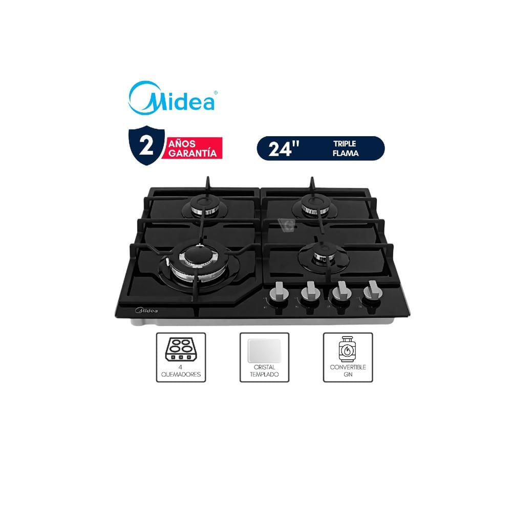 Encimera Empotrable a Gas 24 - Triple Flama Negro MTGB24R3402GG Midea