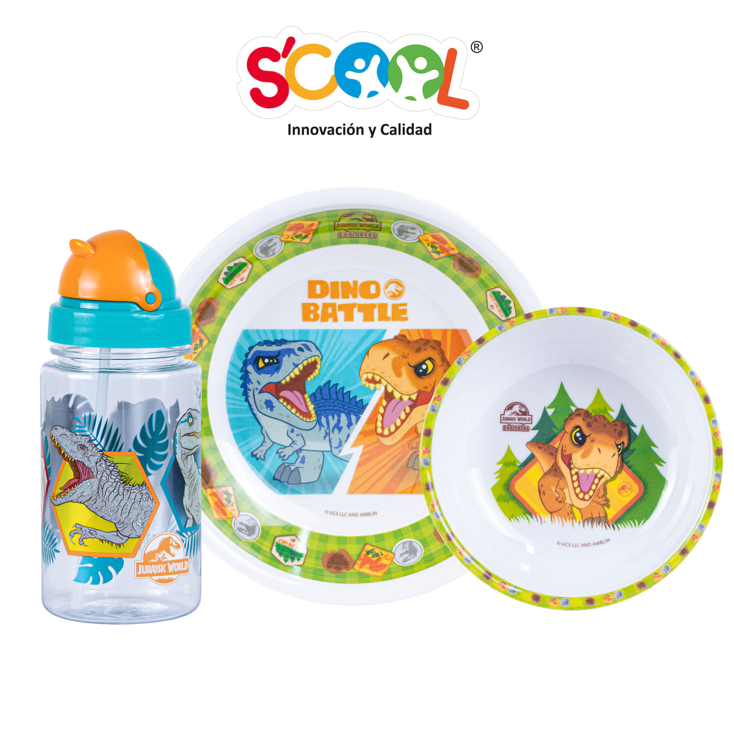 Set 3 Piezas Scool Con Botella Jurassic Melamine