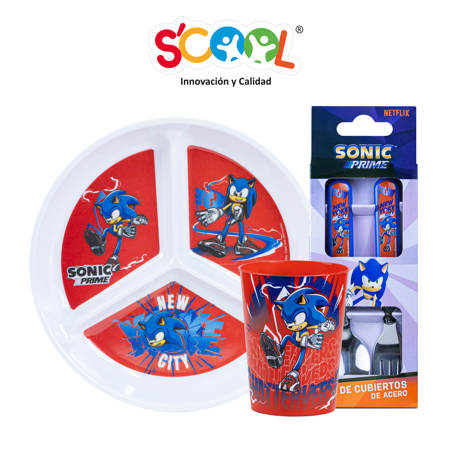 Set 3 Piezas Scool Con Plato Y Division Sonic Melamine
