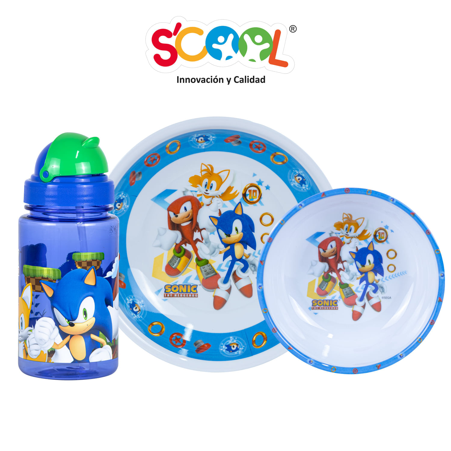 Set 3 Piezas Scool Con Botella Sonic & Amigos Melamine
