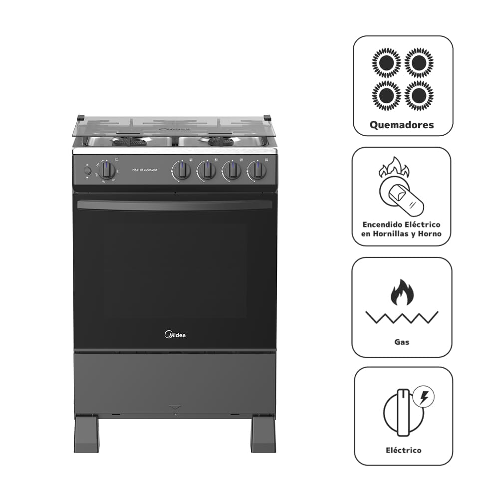 Cocina de Pie a Gas MIDEA 4 Quemadores MGS4Q24B-PE Negro