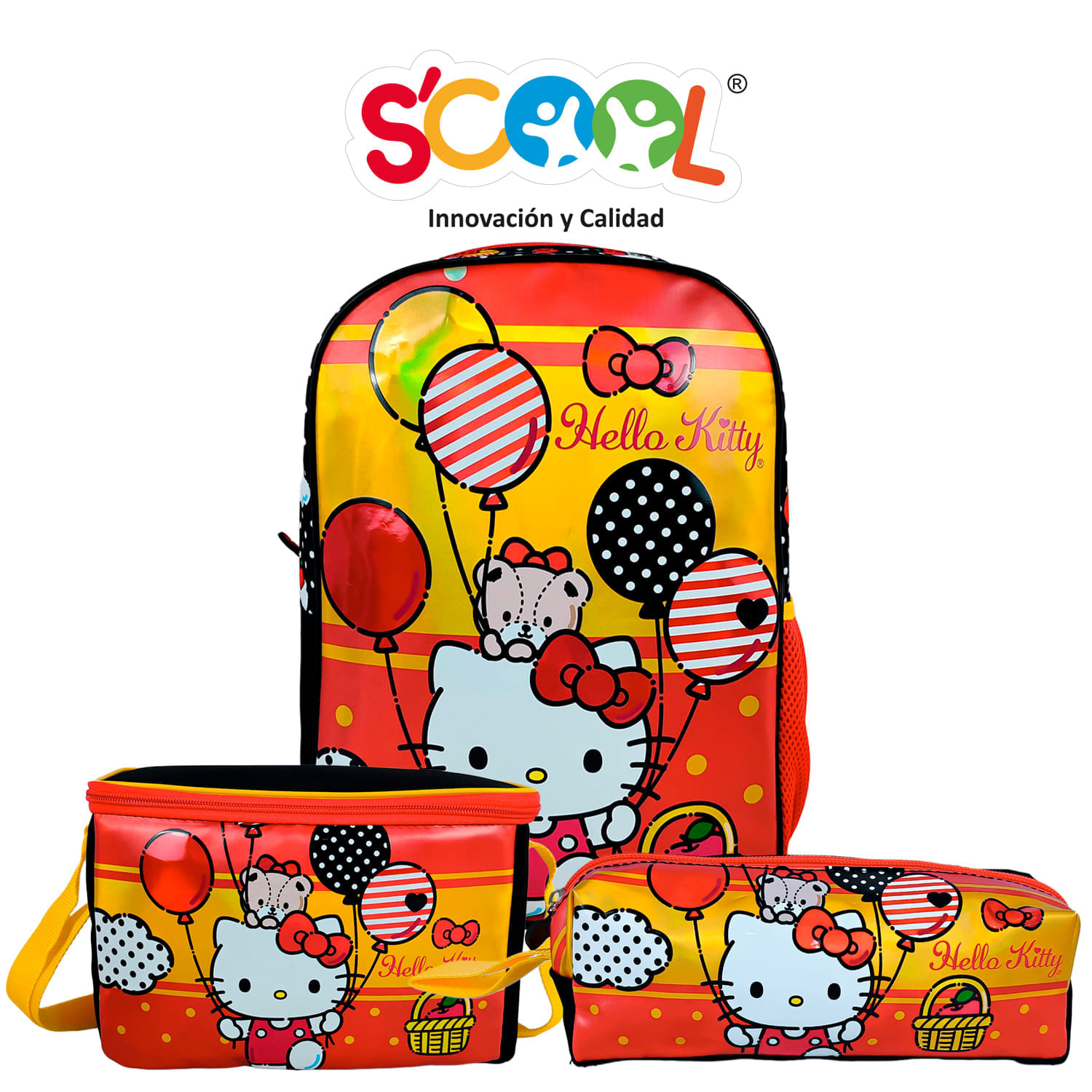 Set Mochila + Lonchera + Cartuchera Kombat Oficio 1 Bolsillo Tela Pvc Hello Kitty