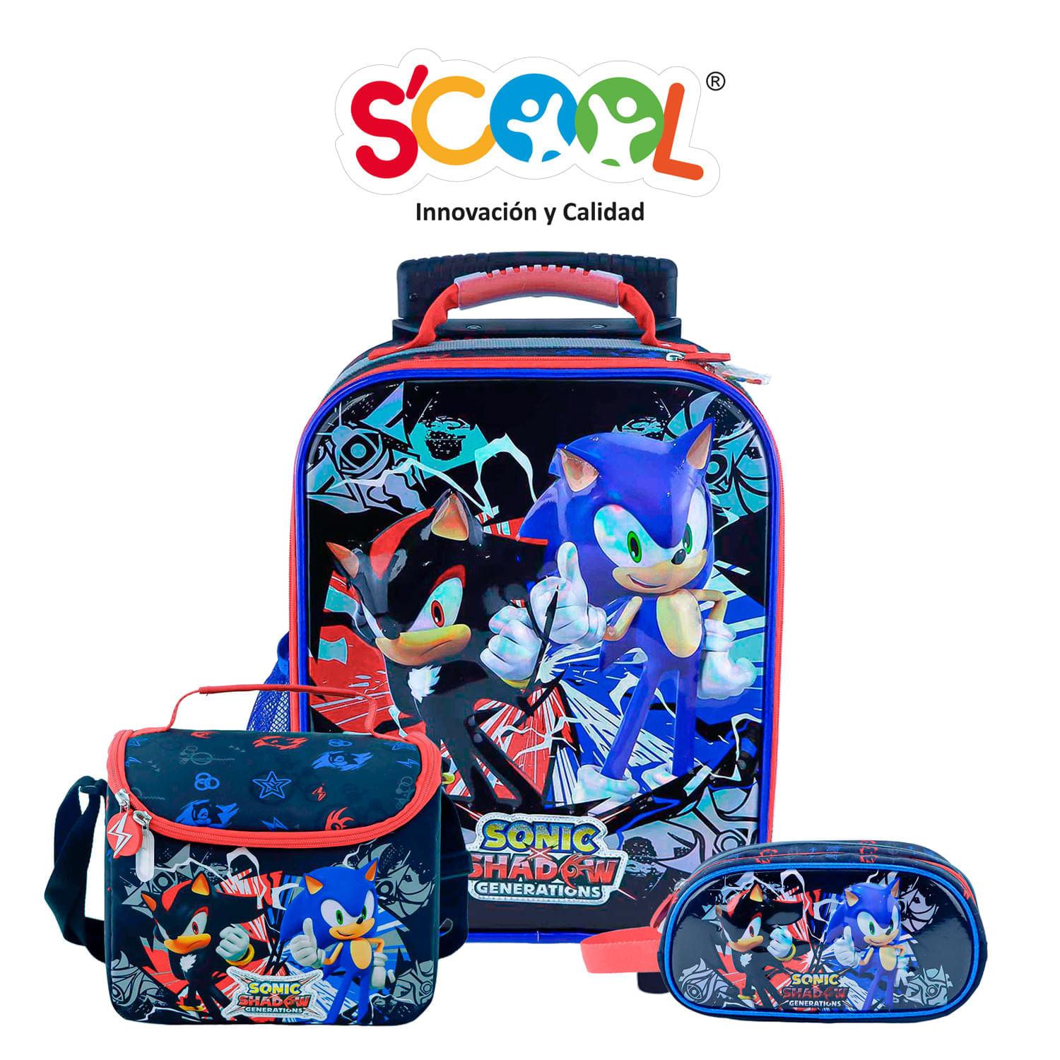 Set Mochila De Ruedas + Lonchera + Cartuchera Magic Grande Eva Metal Sonic Core