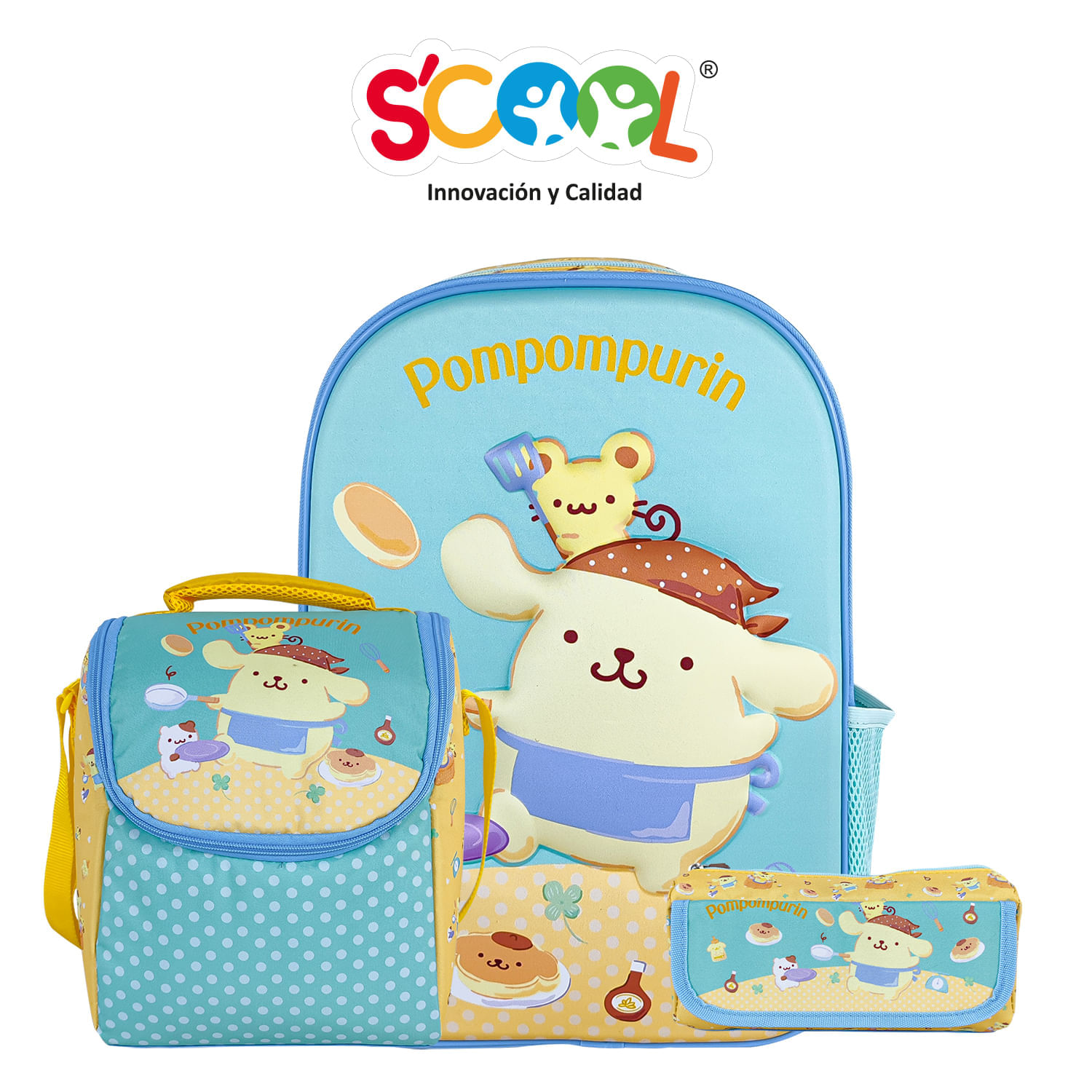 Set Mochila + Lonchera + Cartuchera Ranger Oficio Eva Con 2 Bolsillos 3D Pompompurin