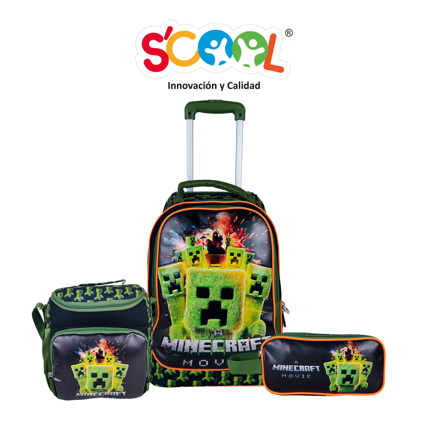 Set Mochila De Ruedas + Lonchera + Cartuchera Magic Grande Escaladora Minecraft