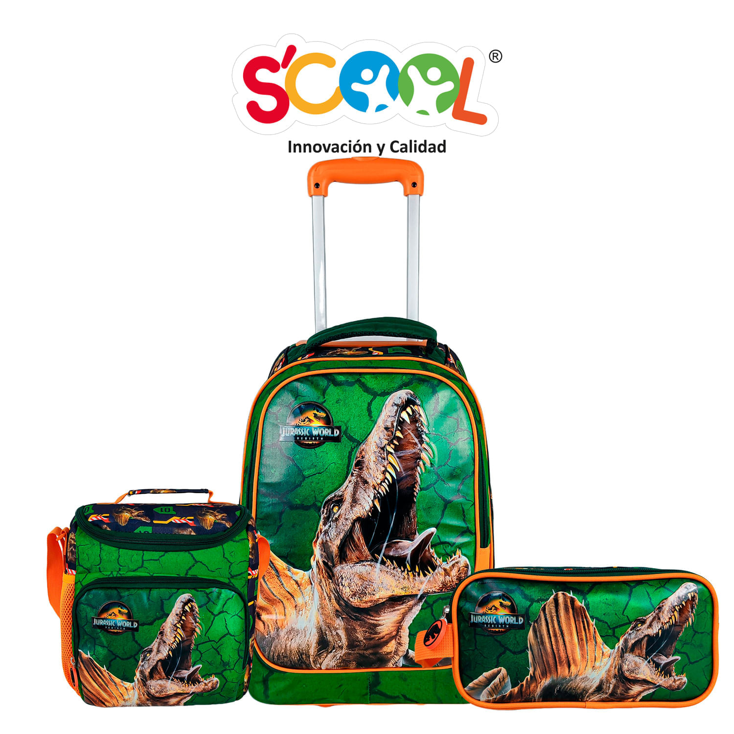 Set Mochila De Ruedas + Lonchera + Cartuchera Magic Grande Escaladora Jurassic World