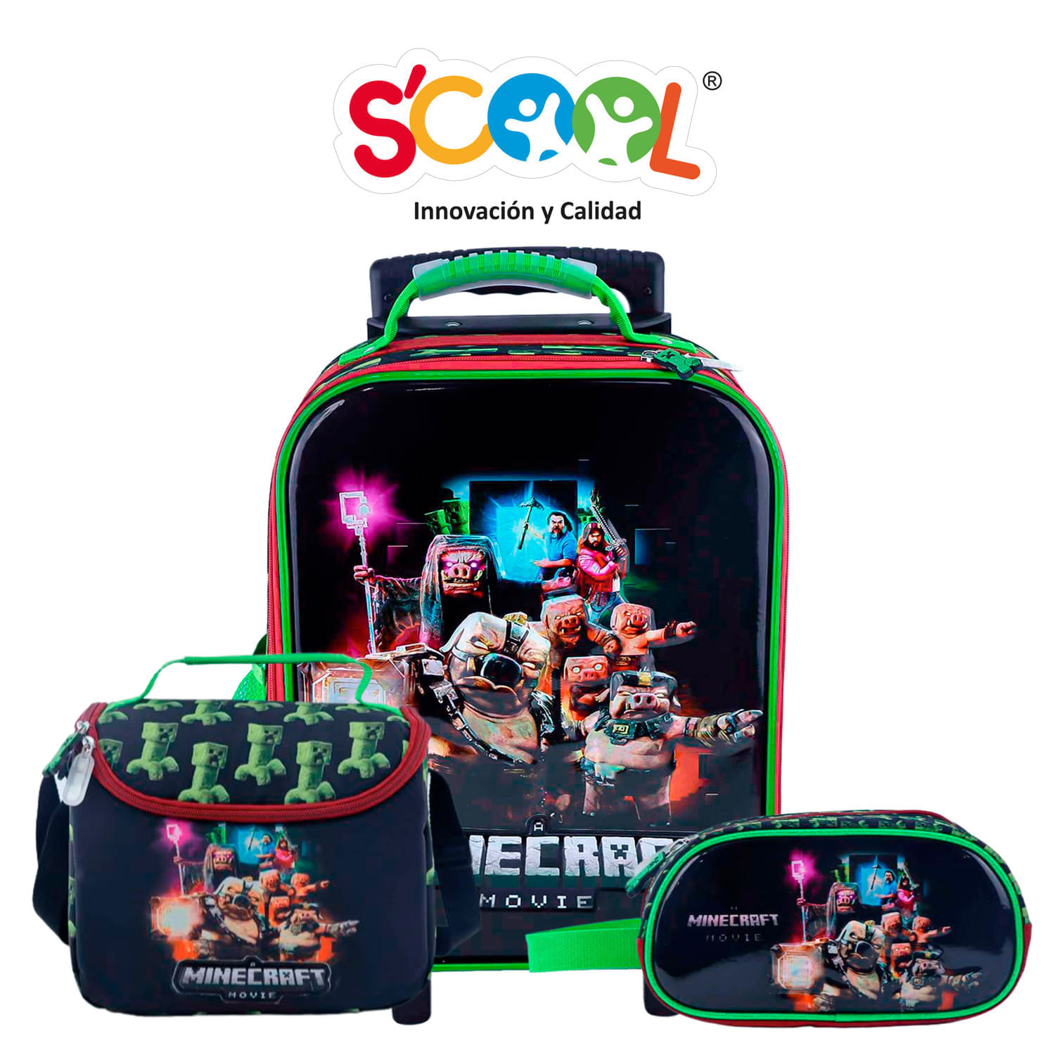 Set Mochila De Ruedas + Lonchera + Cartuchera Magic Grande Eva 3D Metal Minecraft