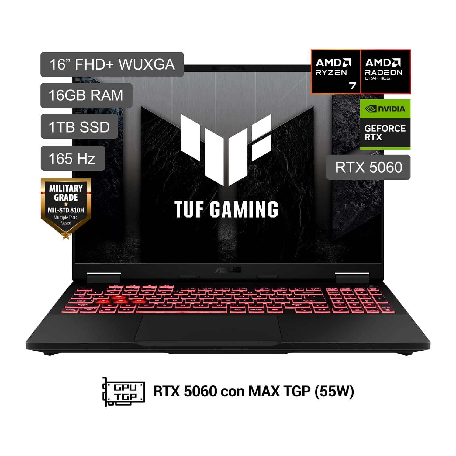 Laptop Gamer Asus Tuf Gaming A16 AMD R7-260 1TB SSD 16GB RTX5060 8GB 16"" WUXGA FA608UM-RV009W