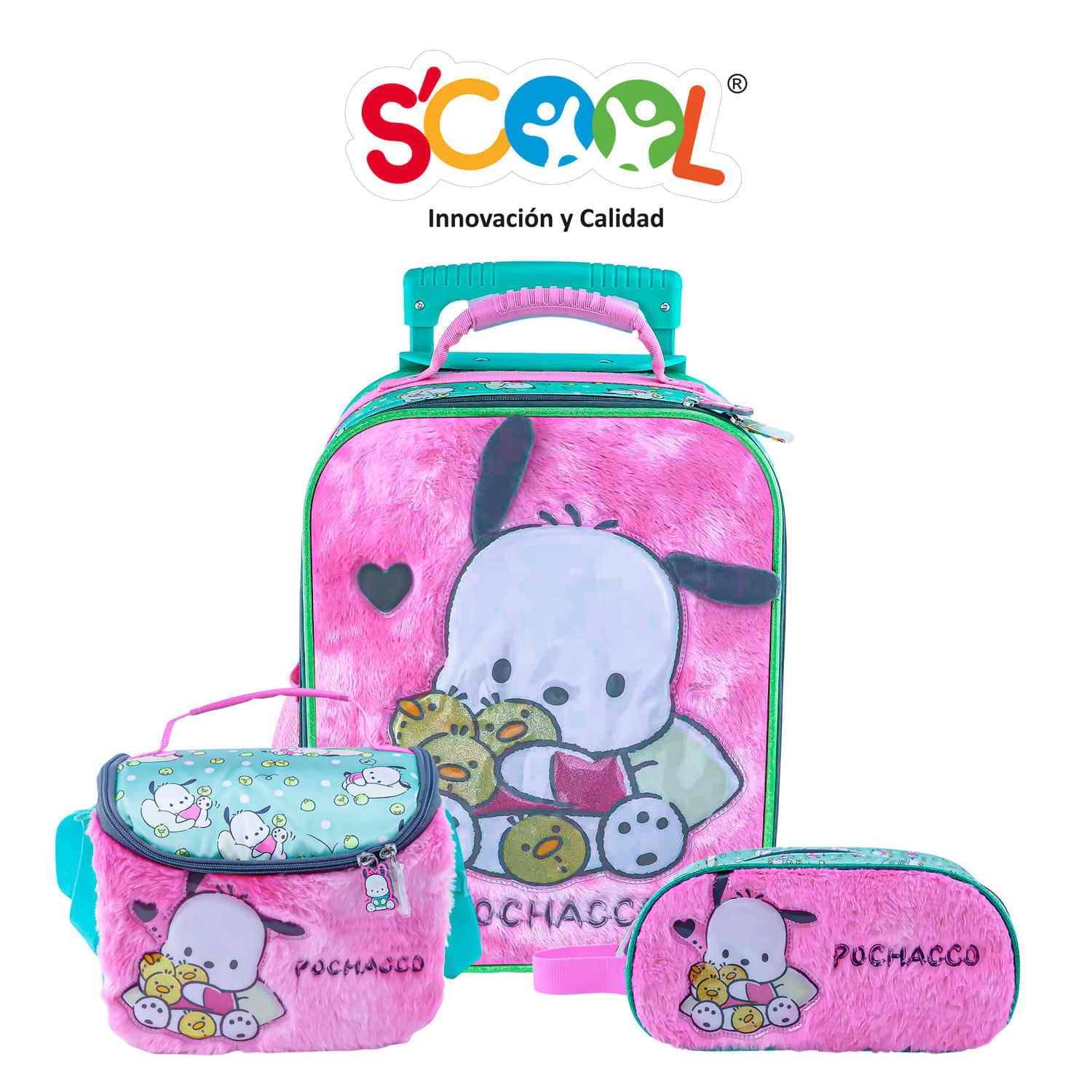 Set Mochila De Ruedas + Lonchera + Cartuchera Magic Grande Tela Pochacco