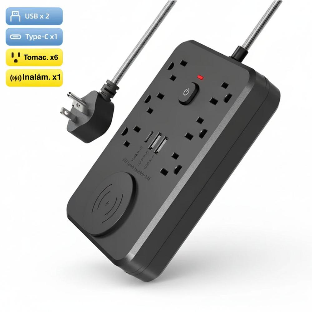 Cargador Inalámbrico 2500W Multipuerto 10 en 1 Extensión Wireless USB con Tipo C y Tomacorrientes